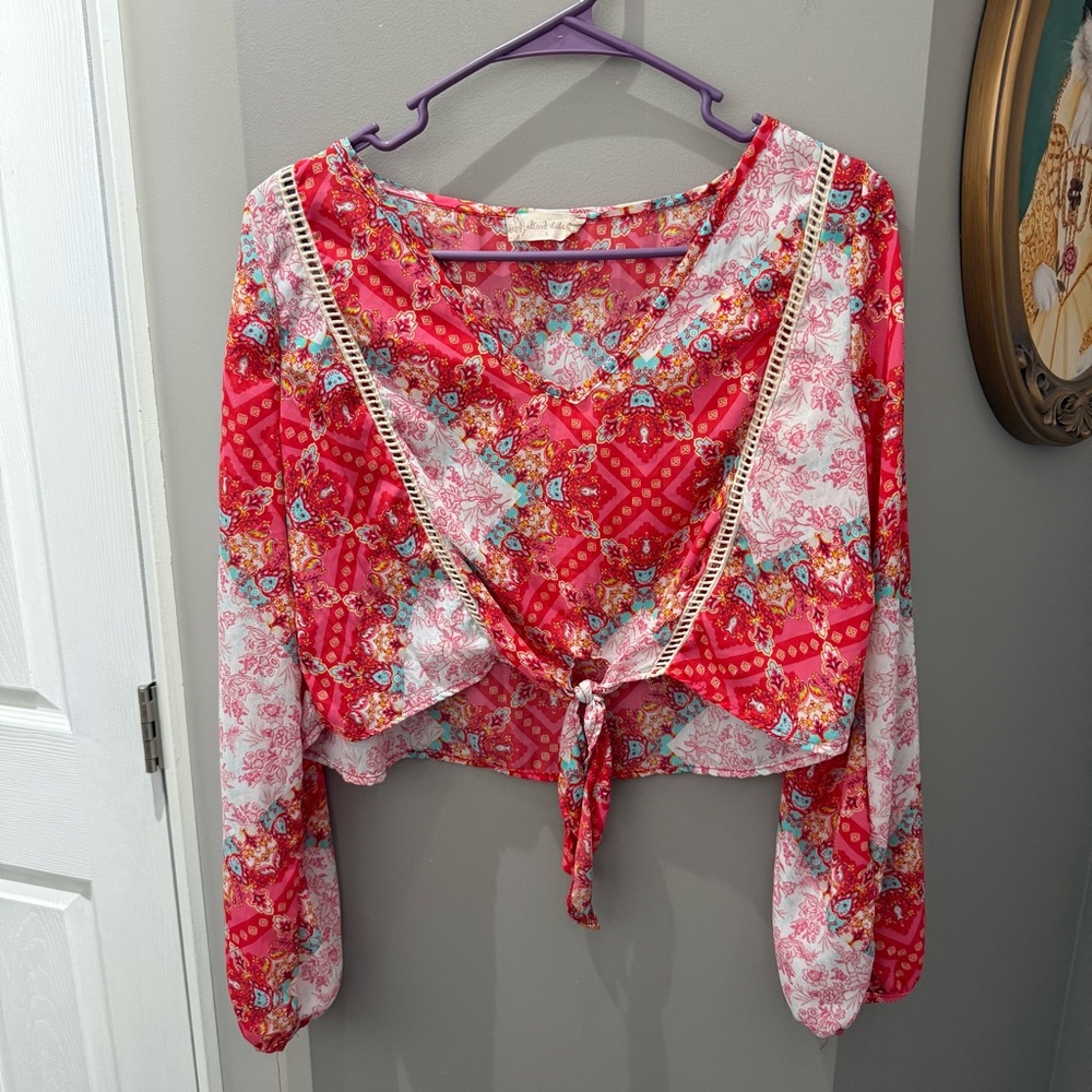 Altar'd State Pink Red Floral Tie-Front Blouse